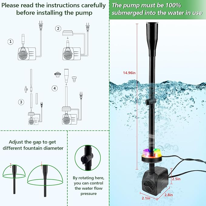 15W 800L/H Submersible Pond Fountain Pump with LED Lights, Ultra Quiet Water Pump, Pond Fountain Pumps for Small Pond, Koi, Garden, Aquariums, Fish Tanks, Indoor Outdoor Fountain 3 Type Nozzles