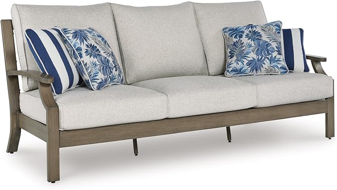 Signature Design by Ashley Rainier Ranch Casual Nuvella Weather Resistant Fabric, Outdoor Sofa with Cushion and 4 Accent Pillows, Light Brown & Light Gray
