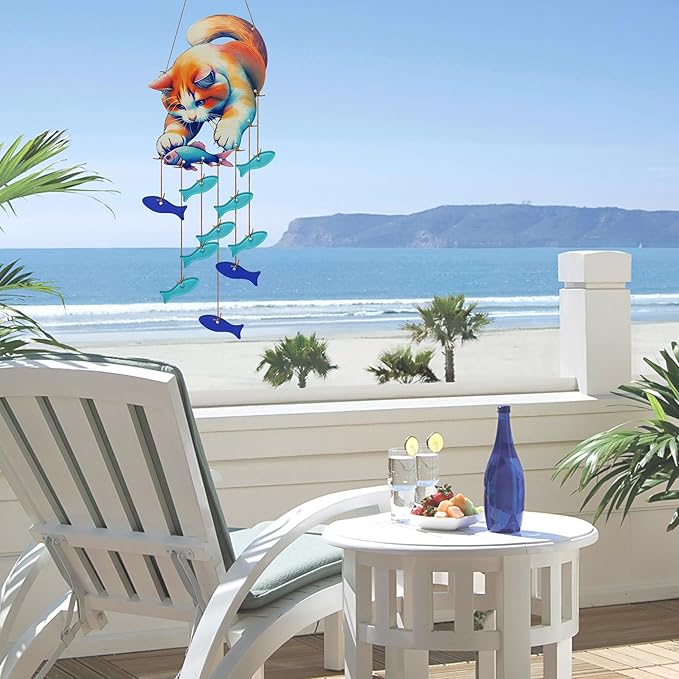 Cute Kitten Fish Wind Chimes for Outside, Handcrafted Windchimes Outdoors Unique,Suncatchers Sea Glass Art Christmas, Patio Beach Hanging Outdoor Home Garden Decor, Christmas Memorial Gifts for Women