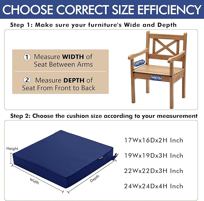 Outdoor Chair Cushions 16 x 17 Inch, Set of 6, Waterproof Patio Chair Cushions with Tie 5 Year Color Fastness Thick Outdoor Seat Cushion for Garden Lawn Patio Furniture Navy