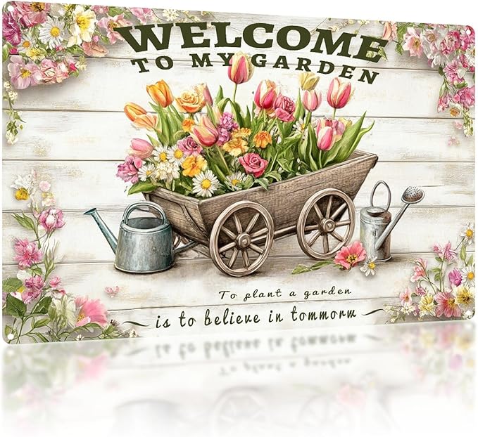 Vintage Garden Metal Tin Signs Flowers Welcome to My Garden Funny Tin Sign Rustic Indoor Outdoor Wall Decor for Home Yard Farmhouse Greenhouse Patio Porch Bar 12×16 Inch