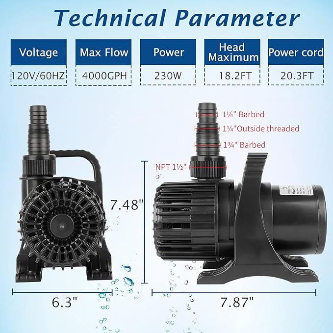 WaterRebirth (4000GPH-230W,UL listed) Large Fountain Submersible Water Pond Sump Pump Aquarium Electric Waterfall Pump Outdoor PS- 4000