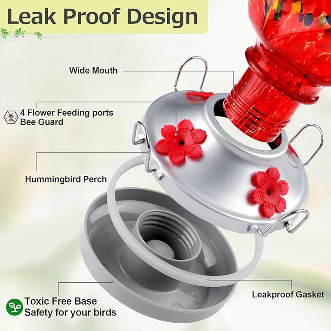 Hummingbird Feeder for Outdoors with Ant Moat, Hummingbird Feeder, Hand Blown Glass, 4 Bee Guard Feeding Ports with Perch, Outdoor Garden Décor, 16OZ, Red, Gifts for Mom Wife Dad Men Women