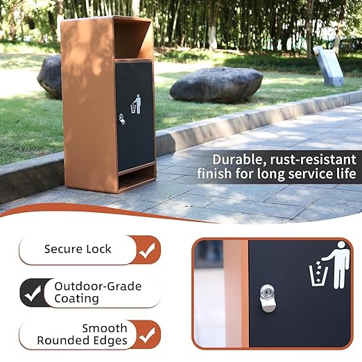 Commercial Outdoor Trash Can with Lid,Rust-Resistant Waterproof Windproof Garbage Can with Removable Inner Barrel, Lockable Stainless Steel Trash Bin for Patio Hotel Park Garden(Orange)