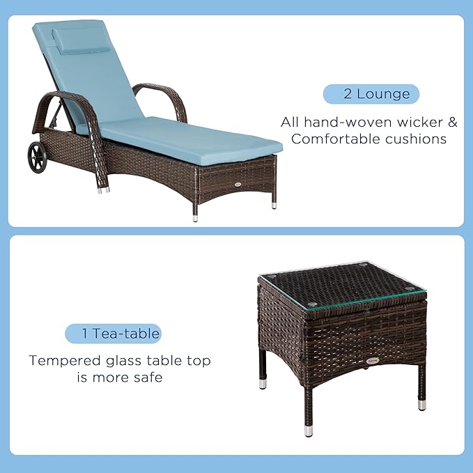 Outsunny Wicker Outdoor Chaise Lounge Chair Set of 3 with Side Table, 5-Level Adjustable Backrest PE Rattan Pool Lounge Chair with Wheels, Cushion & Headrest, Brown and Gray