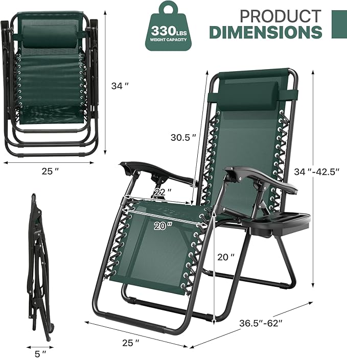 Magshion Zero Gravity Lounge Chairs Set of 2, Outdoor Patio Reclining Chair with Side Tray, Adjustable Anti-Gravity Recliners with Pillow Headrest, Folding Lounger for Lawn Camping Beach, Green