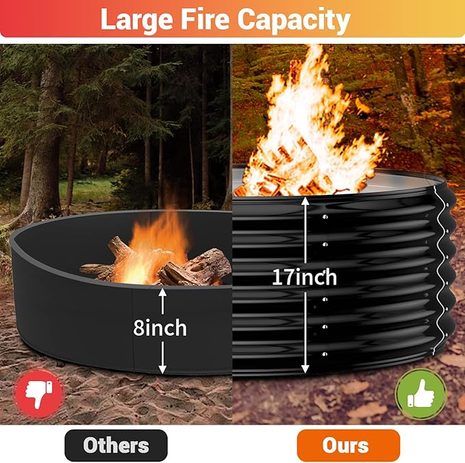 32 Inch Outdoor Fire Pit Ring, 17'' Tall Wood Burning Firepit & Fireplace for Outside, Heavy Duty Galvanized Steel Fire Pits Insert, High Heat Resistant Fire Bowl for Backyard Bonfire,Patio,Camping