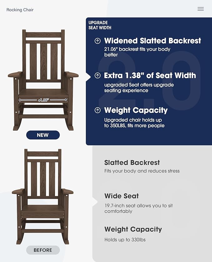 KINGYES Oversized Outdoor Rocking Chair Set of 2, All-Weather Patio Rocking Chairs for Porch, HDPE Outdoor Patio Rockers with High Back & Wide Seat for Garden, Lawn, Brown