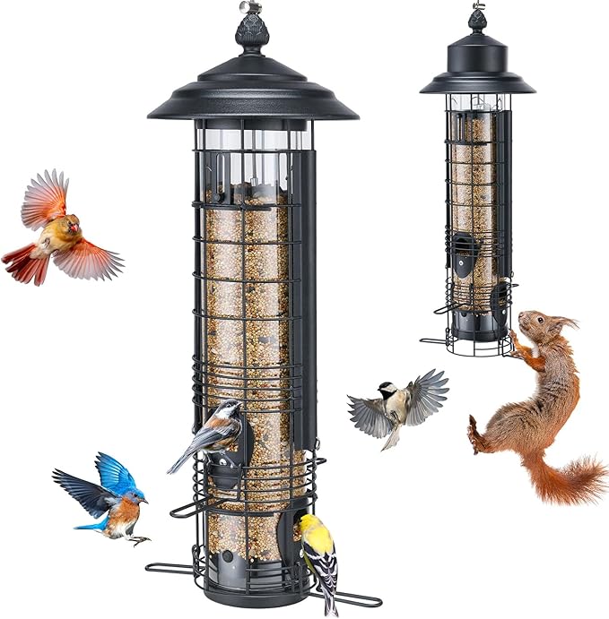 Kingsyard Squirrel Proof Bird Feeder for Outside Hanging, Weight-Activated All-Metal Wild Bird Feeders for Cardinal Finch, Detachable Base Easy to Clean, 3 LBS Capacity,Black