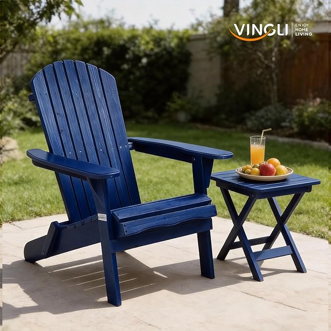 VINGLI Folding Adirondack Chairs Set of 2, Wood Adirondack Chair for Outdoor, Foldable Fire Pit Chairs for Patio, BBQ, Porch, Yard, Pool, Blue