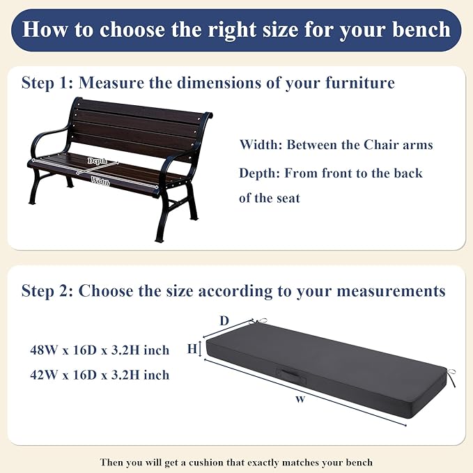 SHACOS Outdoor Bench Cushions 42 x 16 x 3.2 Inch Thick Bench Cushion, Waterproof Fade-Resistant Removable Cover with Ties Piping Edge, Bench Seat Cushions for Swing Patio Porch Furniture, Dark Gray