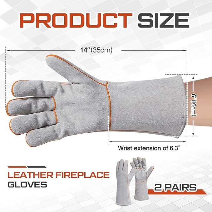 2 Pairs 14” Leather Fireplace Gloves for Men Women Long Heat Resistant Fireplace Hearth Gloves Wrist Protection Fireproof Stitching Grill Glove for Fire, Stove, Oven, BBQ, Grilling, Welding
