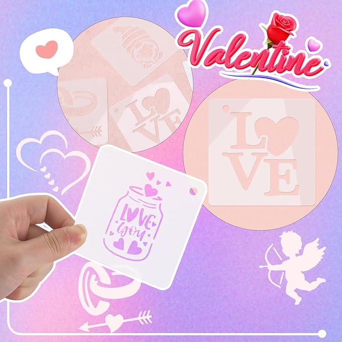 JULMELON Valentine's Day Stencils, 20Pcs Valentine Drawing Templates Reusable Plastic Template Stencils for Wall Floor Decor DIY Rock Dot Painting Art Projects (3inch)
