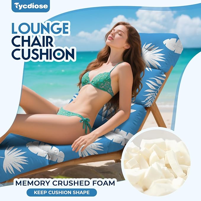 All Weather Chaise Lounge Cushions Outdoor Lounge Chair Cushion, Memory Foam Chaise Lounger Chair Cushion Waterproof for Outdoor Patio Furniture with Non-Slip Back and Ties, Blue Leaf