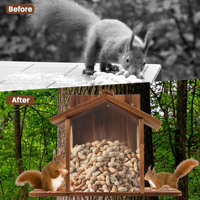 Wood Squirrel Feeder, Outside Squirrel House Box for Corn, Squirrel Picnic Table Feeder Box, Chipmunk Feeder Hold Corn, Corn Cob, Easy to Fill with Removable Front Panel, for Outdoors Winter Tree