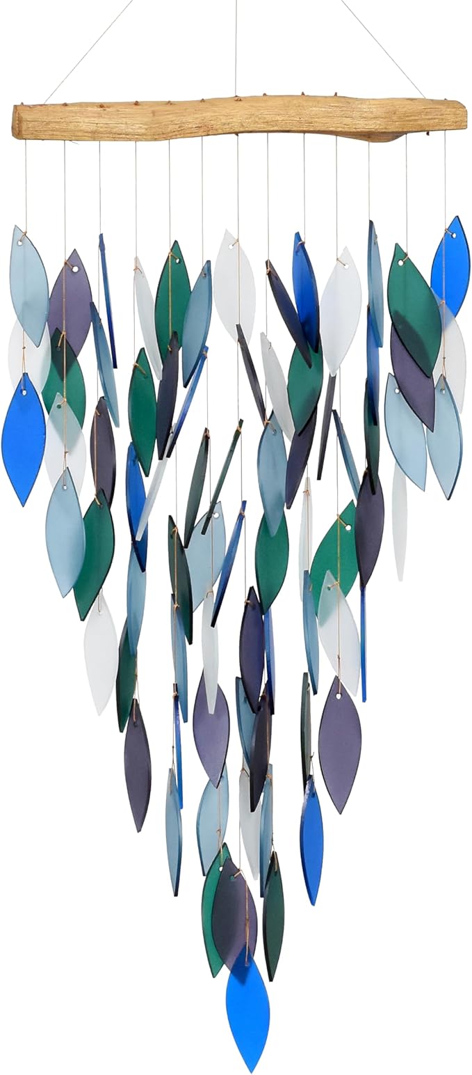 Blue Handworks Deluxe Pacific Waterfall Glass & Driftwood Chime, Sandblasted Glass and Found Wood Handcrafted Wind Chime
