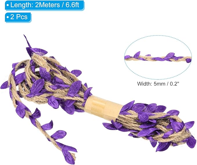 PATIKIL 6.6ft 5mm Burlap Leaf Ribbon, 2 Pack Braided Decoration Vine Natural Jute Rope Twine with Artificial Leaves for Jungle Wedding Party Home Garden Decor, Purple