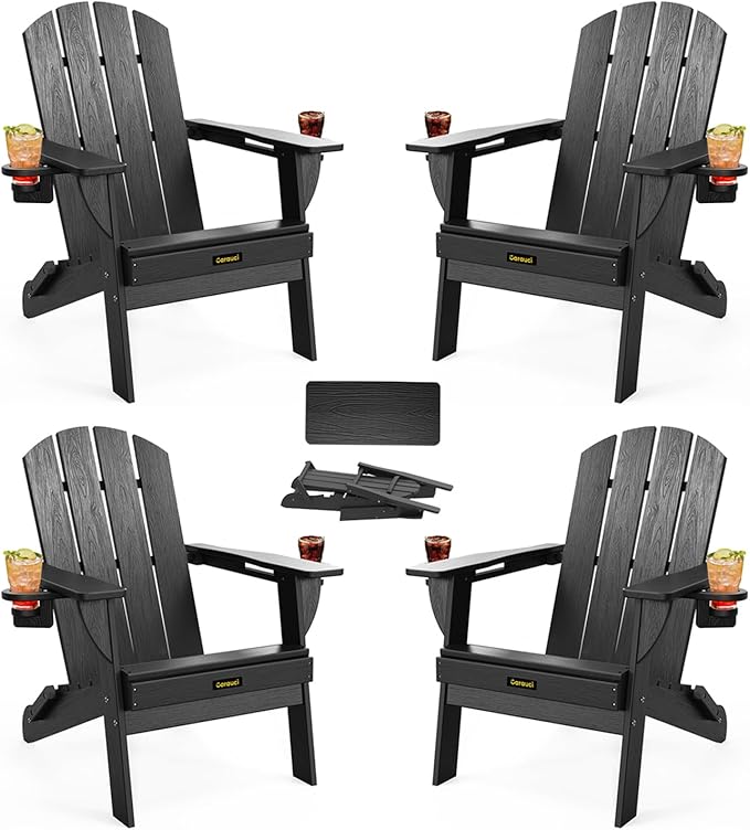 Folding Adirondack Chair Set of 4, Wooden Textured Plastic Adirondack Chairs with 2 Cup Holder, Weather Resistant HDPE Fire Pit Chair, Outdoor Patio Chairs for Garden, Backyard, Lawn, Deck, Black