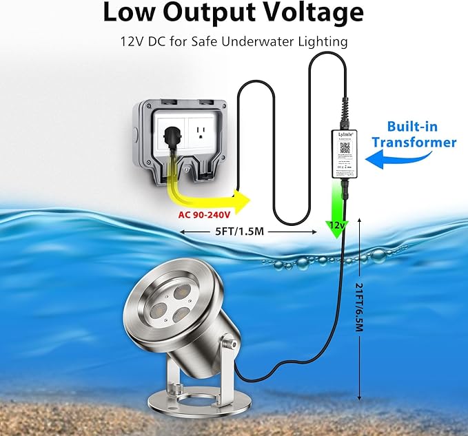 LyLmLe LED Pond Lights with APP Control, 6W SS316 Stainless Steel RGB Underwater Fountain Light with 12V Transformer, IP68 Waterproof Outdoor Underwater Lights for Pond Waterfall, Black Wire