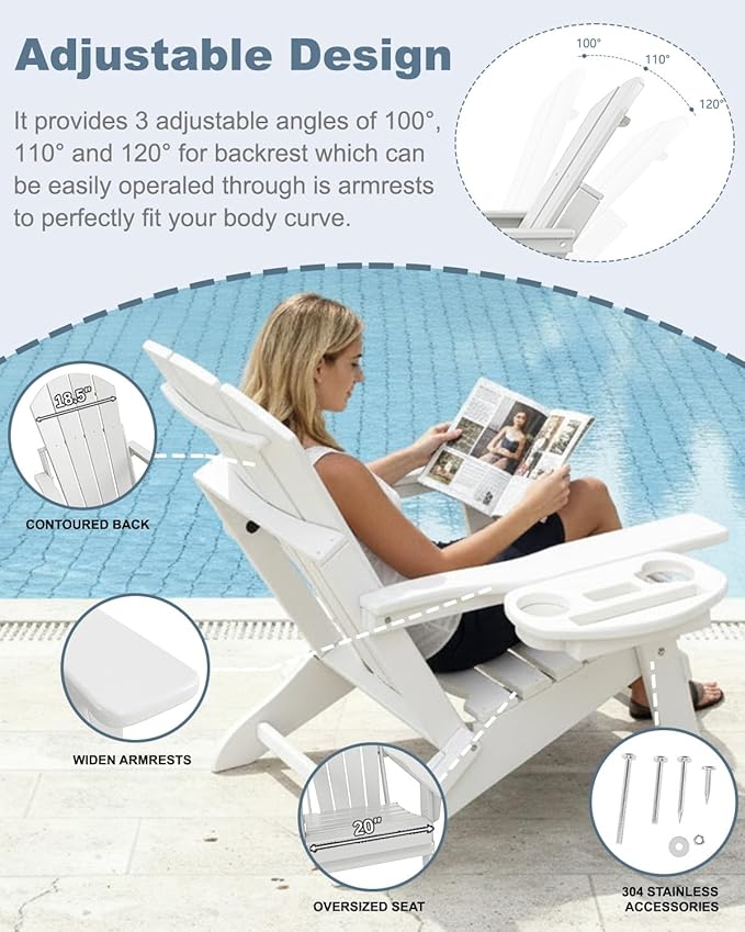 Adjustable Adirondack Chair Set of 2 with Cup Holder, All Weather HDPE Fire Pit Chairs for Deck, Backyard, Patio, White