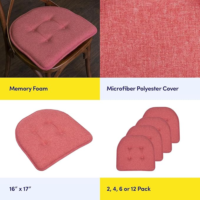 Sweet Home Collection Chair Cushion Memory Foam Pads Tufted Slip Non Skid Rubber Back U-Shaped 17" x 16" Seat Cover, 6 Count (Pack of 1), Peach