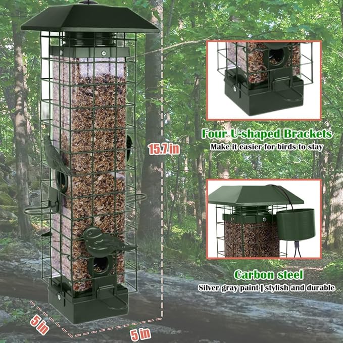 Squirrel Proof Bird Feeders for Outdoors, Metal Wild Bird Feeder for Outside Hanging, 4 Ports Perches, 3LB Large Capacity (Green)