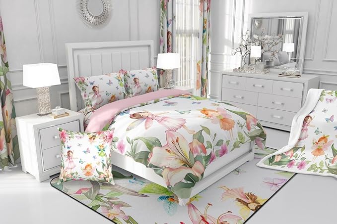 Erosebridal Floral Fairy Twin Comforter Set,Dreamy Fairy Garden Bedding Sets for Girls Kids,Coquette Flower Butterfly Quilt Bed Set,Pink Princess Bedroom Decor,1 Pillowcase Reversible