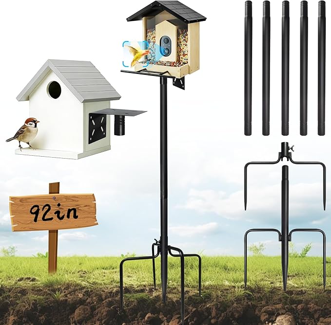 Bird Feeder Pole - 92 Inch/8ft Heavy Duty Bird Feeding Stand with Mount Kit, Adjustable Birdhouse Pole for WildBird Outdoor Garden, Slip-Fit Connection, Black, Stable 5-Prong Base