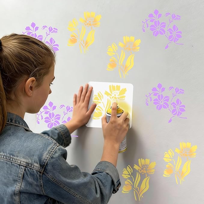 12 Pcs Large Flower Stencils for Painting, 5.12 X 5.12 Inch Flower Stencils for Crafts Reusable, Wood and Wall Stencils for Painting Large Pattern, DIY Templates Holiday Wall Paper (I)