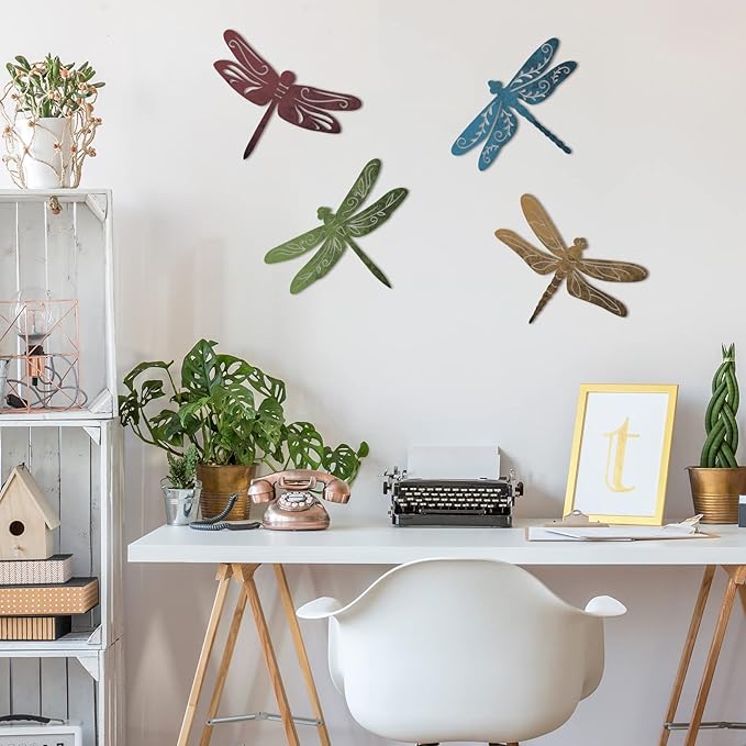 Teling 4 Pcs Metal Hummingbird Wall Art Metal Dragonfly Wall Decor for Modern Farmhouse Rustic Home Living Room Bedroom Kitchen Patio Indoor Outdoor Decor(Dragonfly)