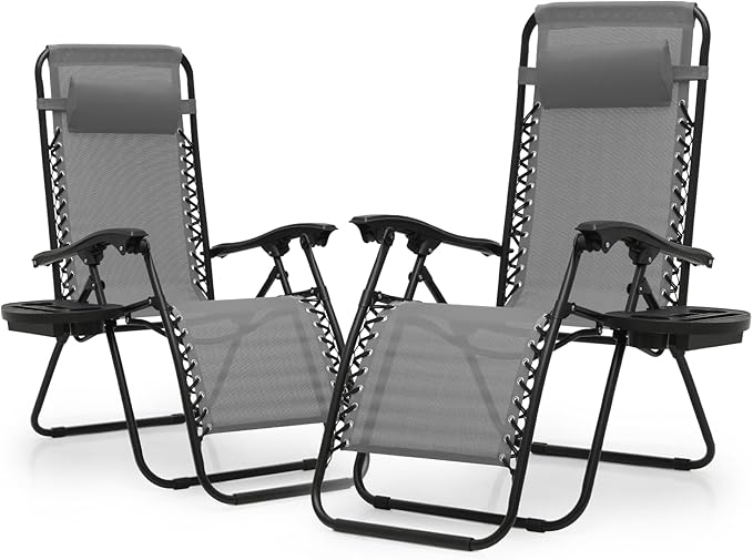 Athena Collection Zero Gravity Chair, Outdoor Lounge Chair with Adjustable Pillow and Cup Holder, Reclining Camping Chair for Outside Beach Lawn Garden Patio Poolside Set of 2- Grey