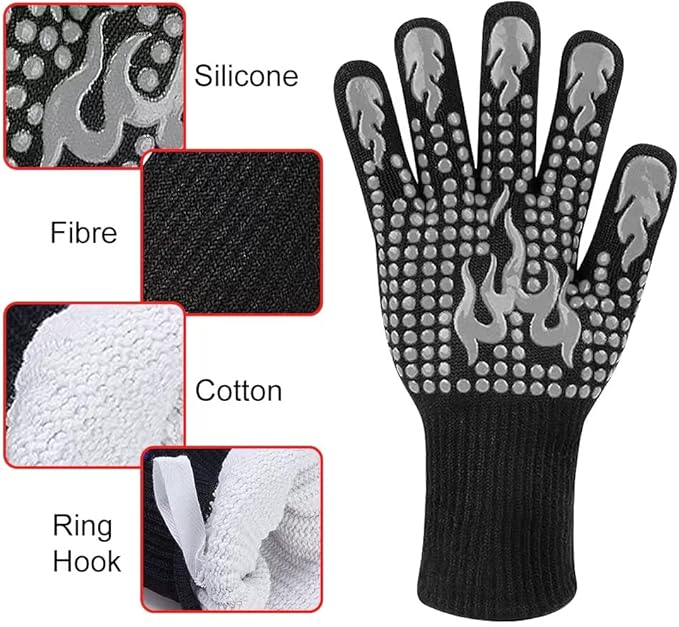 BBQ Gloves, Heat Resistant Gloves for Cooking, Non-Slip Grill Oven Mitts, 1472°F Extreme Heat Resistant Silicone Grilling Gloves for Barbecue, Frying, Baking, 1 Pair (Gray)