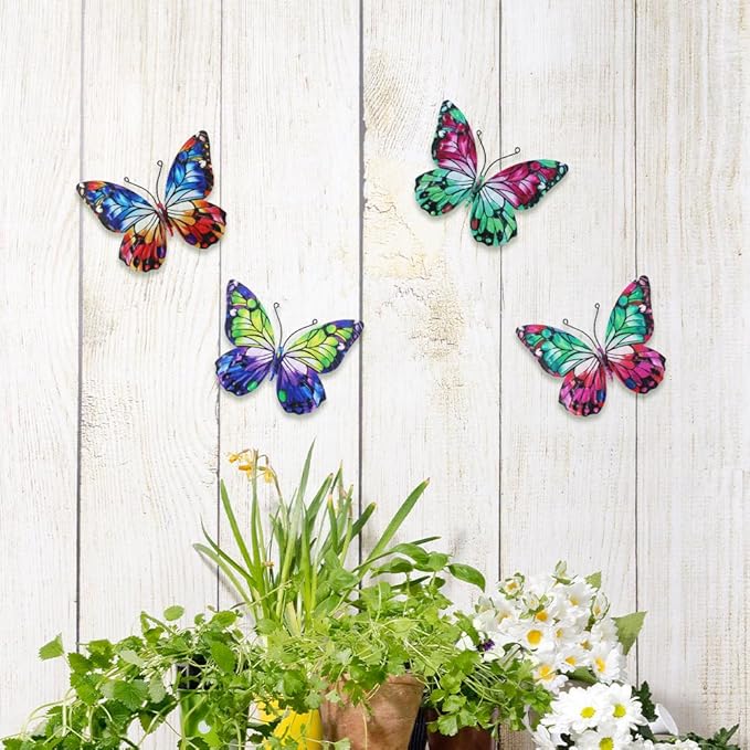 4 Pcs Metal Butterfly Wall Decor Art, Colorful Butterflies Outdoor Wall Art, Hand Craft Outdoor Garden Decor for Fence, Patio, Yard Decoration