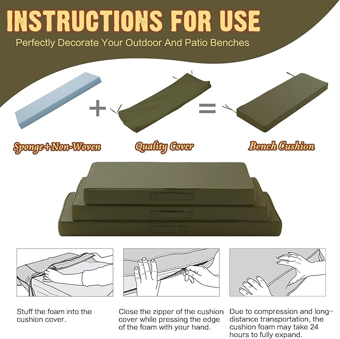 Outdoor Bench Cushion 4 inches Memory Foam Waterproof Patio Furniture Bench Cushion Porch Swing Cushion with Handle and Adjustable Strap, 42 x 18 Inch Sage Green
