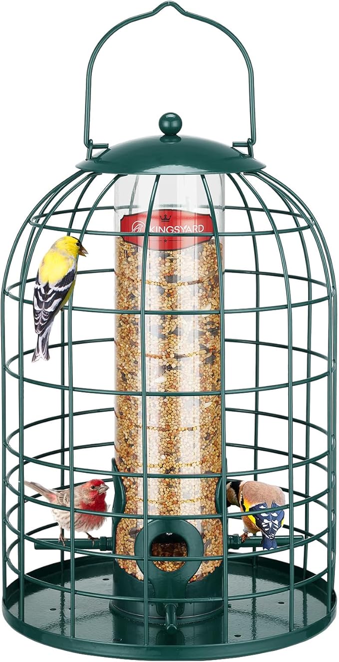 Kingsyard Metal Bird Feeder for Outdoors, Squirrel Proof Caged Tube Feeders Hanging Green, Wild Small Birds Rainproof Station for Garden Yard Seed Easy Clean, Green