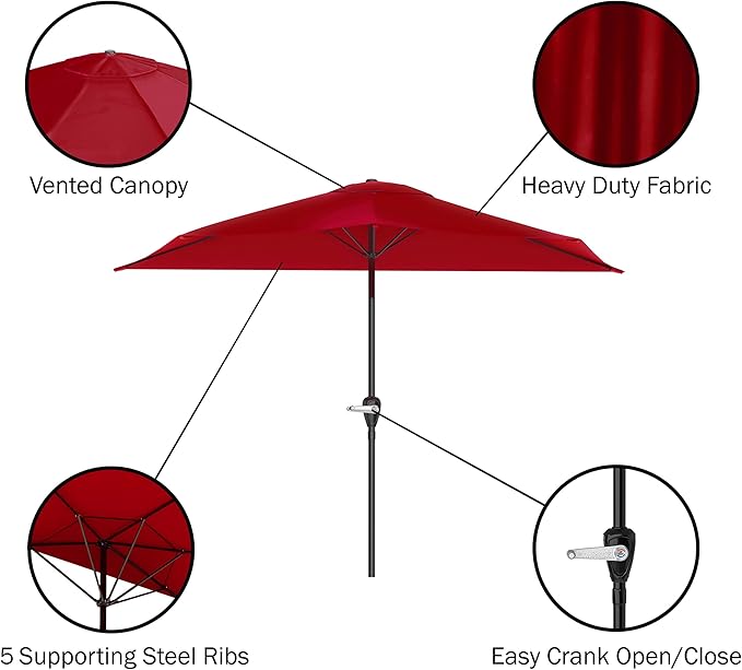 Half Umbrella - 9 ft Patio Umbrella with Easy Crank - Outdoor Patio Shade - Small Canopy for Balcony, Table or Deck by Pure Garden (Red)