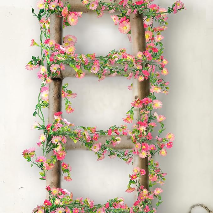 CISDUEO 4 Pcs Artificial Daisy Flowers Vine Silk Flower Garland Spring Fake Flower Vine Hanging Ivy with Pink Daisy Flowers Green Leaves for Wall Party Wedding Arch Floral Decor Home Indoor Outdoor