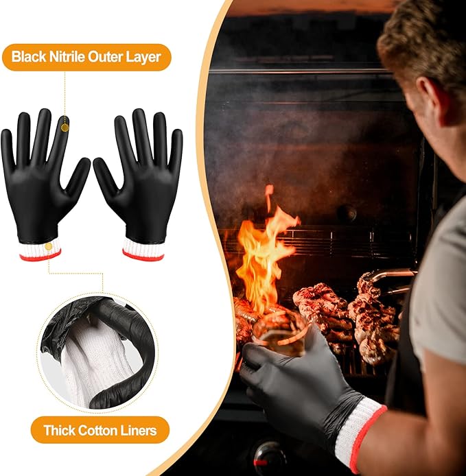 Janmercy 200 Pcs Disposable BBQ Nitrile Gloves with 4 Pairs Cotton Liners Grilling Cooking Cleaning Gloves for Smoker Meat(Large,Black, White)