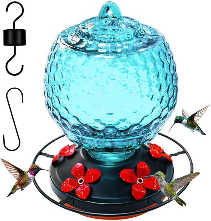 Glass Hummingbirds Feeder for Outdoors Hanging,25 OZ Humming Birds Feeder for Outdoors,Hummingbird Gifts,Gardening Gifts for Women(Blue)