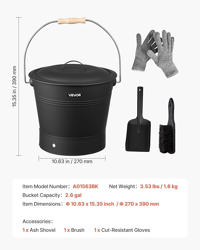 VEVOR Ash Bucket, 4 PCS with Lid, Shovel, Broom and Gloves, Metal Fireplace Charcoal Bucket and Ash Can, 2.6 GAL Large Capacity for Fireplace, Fire Pits, Wood Burning Stoves, Indoor and Outdoor