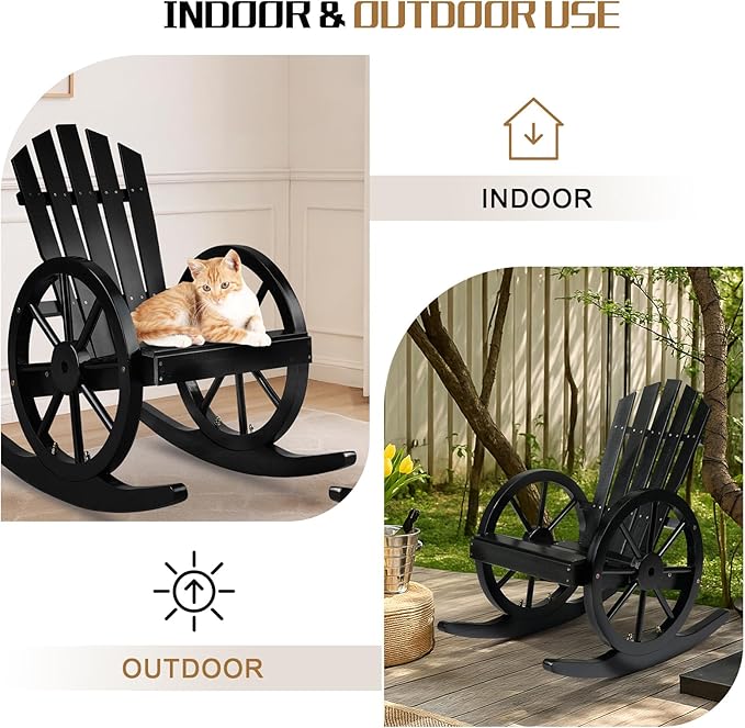Outvita Adirondack Rocking Chair, Wood Wagon Rocker, Outdoor Wooden Carbonized Lounge Chairs with Wheel Armrest for Garden Patio Country Yard Porch(Black)
