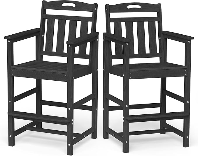 Ciokea Set of 2 Outdoor Tall Bar Chairs, 27" Bar Height Patio Stools with Arms & High Back, Heavy Duty All-Weather Adirondack Tall Chairs for Balcony, Poolside, Deck and Garden, Black