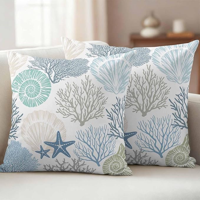 Blue Ocean Shells Coral Waterproof Pillow Covers Set of 2,Conch Starfish Marine Life Outdoor Pillow Protectors with Zipper Pillowcases for Patio Tent Garden Beach 24x24 Inches