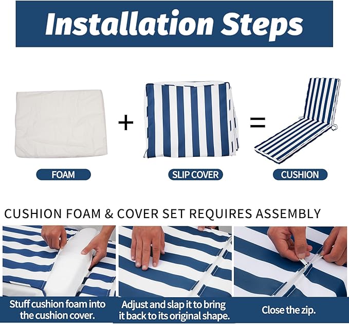 Outdoor Chaise Lounge Cushions for Patio, 71"x22"x3" Lounge Chair Cushions Set of 2, Waterproof Replacement Seat Pads for Outdoor Furniture (Navy Blue+White Stripes, 2 Pcs)