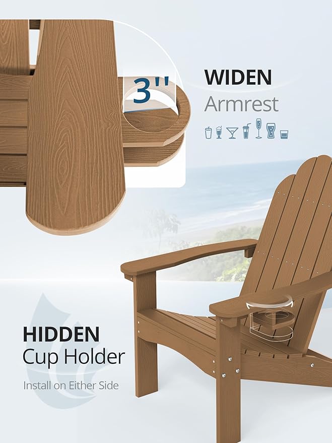 LUE BONA Wood-Grain HDPE Adirondack Chairs Set of 2 - Weather Resistant Seating with Cup Holder for Porch, Cabin, Deck & Fire Pit, Brown