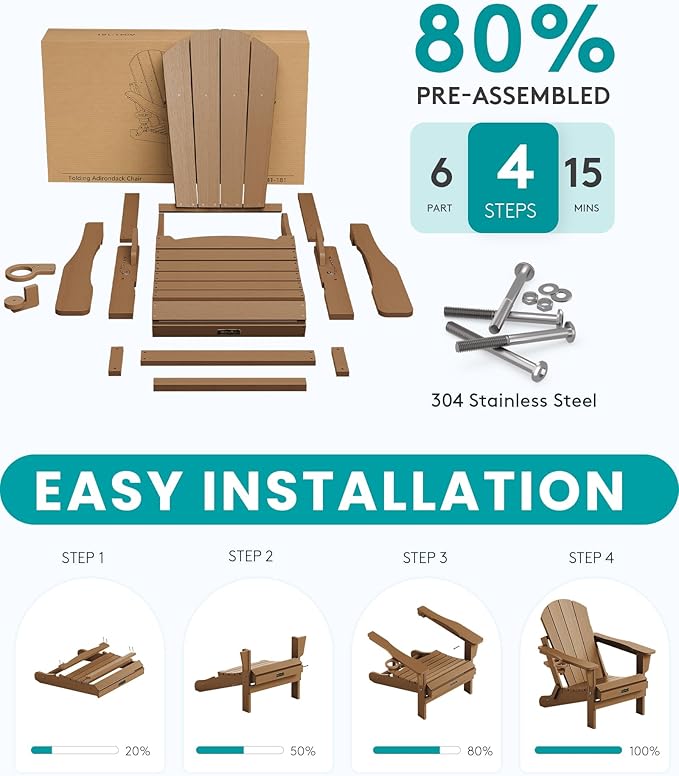 SERWALL Adirondack Chair Set of 6 Folding Adirondack Chairs with Cup Holder for Patio Garden Weather Resistant Outdoors Fire Pit Chairs- Brown