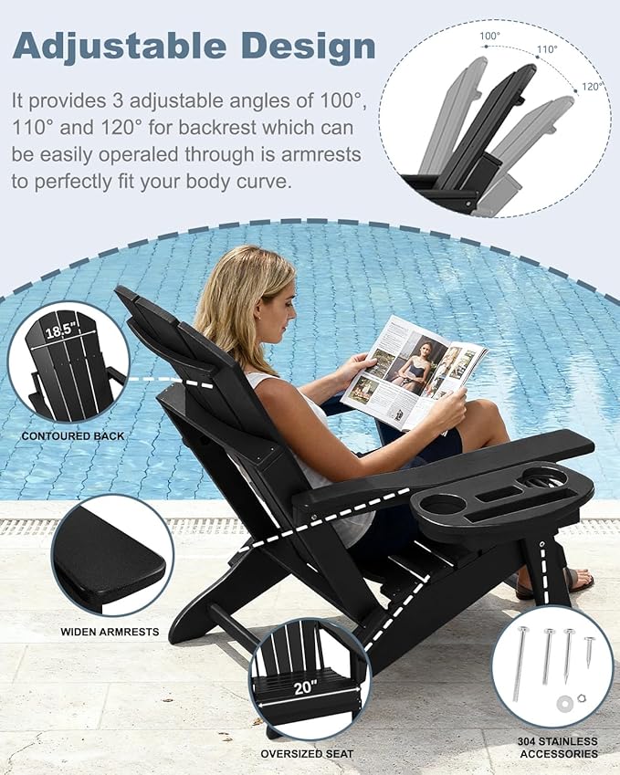 Adjustable Adirondack Chair Set of 6 with Cup Holder, All Weather HDPE Fire Pit Chairs for Deck, Backyard, Patio, Black