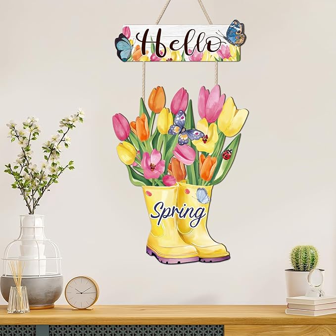 CHDITB Hello Spring Wooden Sign, Floral Butterfly Wooden Hanging Plaque, Tulip Flowers Front Door Hanger, Farmhouse Spring Sign Colorful Tulip Boots Wall Hanging For Porch Garden Fence Shop Decoration