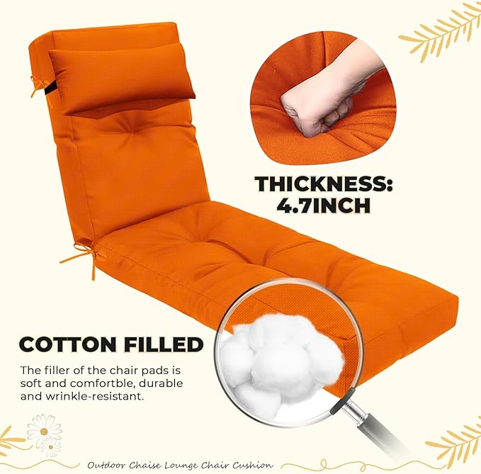 Waterproof Lounge Chair Cushion Outdoor for Chairs, Fade Resistant Chaise Lounger Replacement Cushions with 6 Ties, Thickened Memory Foam Pool Lounge Chair Cushions, 76 x 22 x 4.7 Inches,Orange