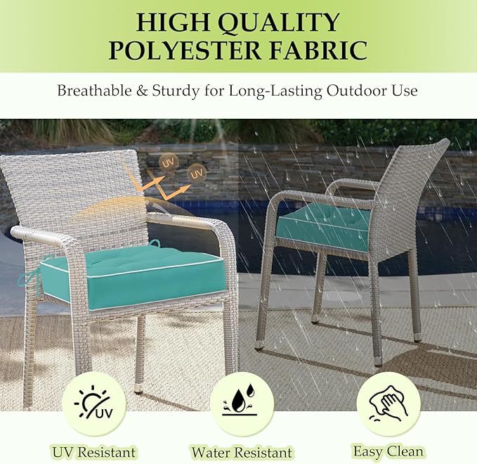 HARBOREST Outdoor Chair Cushions Set of 2, Tufted Patio Chair Cushions with Ties, Square Corner Outdoor Cushions for Patio Furniture, Lawn Chairs, Wicker Chairs, 19" x 19" x 5", Teal